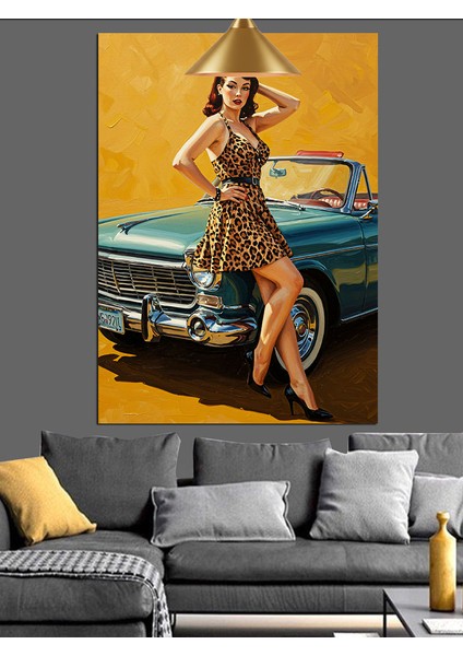 Retro Elbiseli Kadın Araba Dekoratif Kanvas - Mdf Ahşap Tablo indirimleri