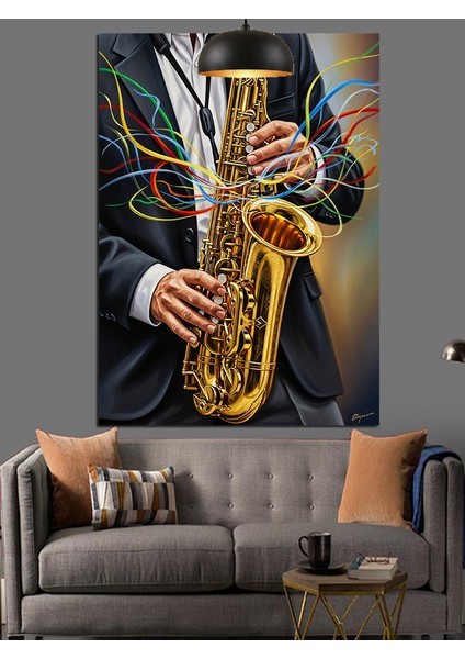 Saksofon Çalan Müzisyen Portresi Dekoratif Kanvas - Mdf Ahşap Tablo