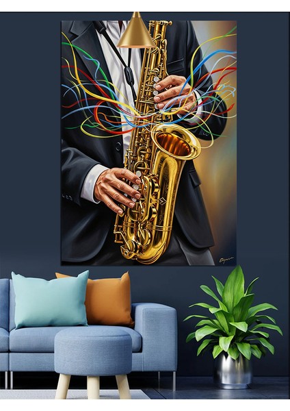 Saksofon Çalan Müzisyen Portresi Dekoratif Kanvas - Mdf Ahşap Tablo fiyatları