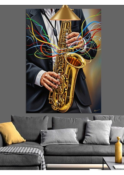 Saksofon Çalan Müzisyen Portresi Dekoratif Kanvas - Mdf Ahşap Tablo fırsatları