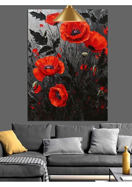 Kırmızı Gelincik Çiçek Tarlası Koyu Fon Dekoratif Kanvas - Mdf Ahşap Tablo
