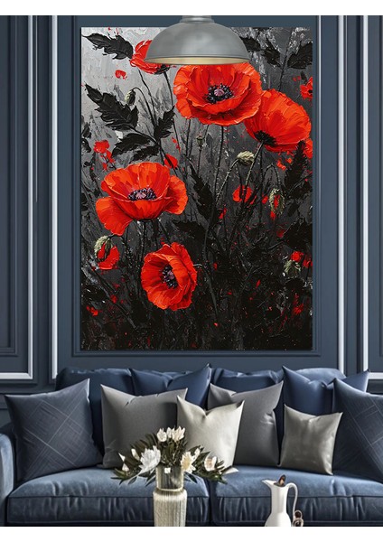 Kırmızı Gelincik Çiçek Tarlası Koyu Fon Dekoratif Kanvas - Mdf Ahşap Tablo fiyatları