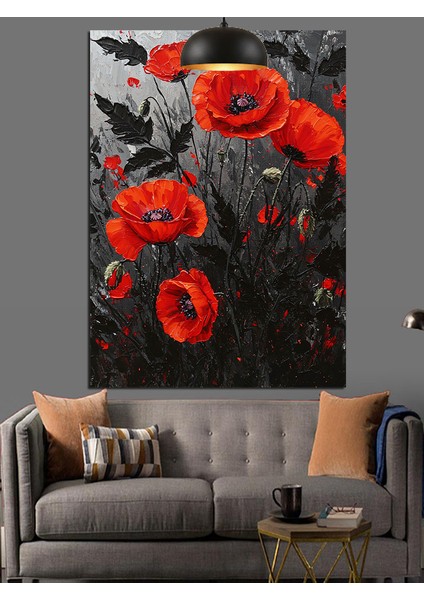 Kırmızı Gelincik Çiçek Tarlası Koyu Fon Dekoratif Kanvas - Mdf Ahşap Tablo modelleri