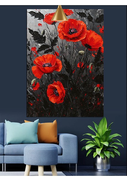 Kırmızı Gelincik Çiçek Tarlası Koyu Fon Dekoratif Kanvas - Mdf Ahşap Tablo fırsatları