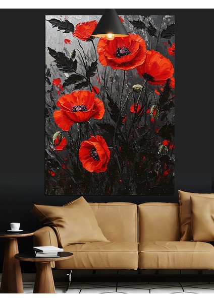 Kırmızı Gelincik Çiçek Tarlası Koyu Fon Dekoratif Kanvas - Mdf Ahşap Tablo indirimleri