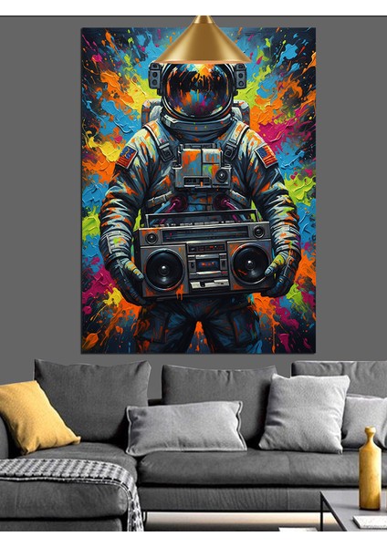 Müzik Seti Taşıyan Astronot Retro Dekoratif Kanvas - Mdf Ahşap Tablo