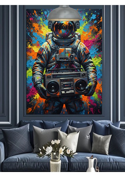 Müzik Seti Taşıyan Astronot Retro Dekoratif Kanvas - Mdf Ahşap Tablo fiyatları