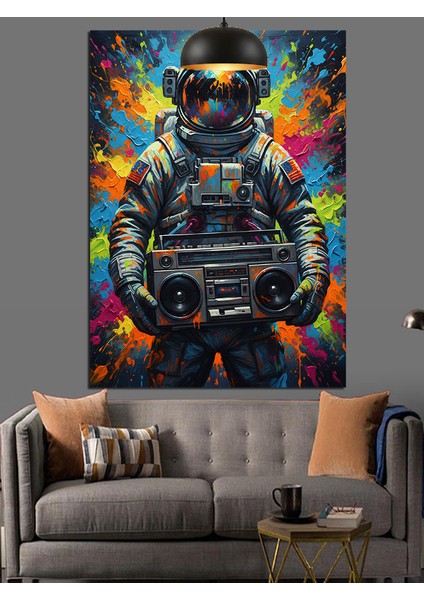 Müzik Seti Taşıyan Astronot Retro Dekoratif Kanvas - Mdf Ahşap Tablo modelleri