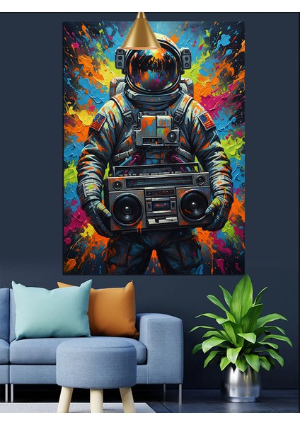 Müzik Seti Taşıyan Astronot Retro Dekoratif Kanvas - Mdf Ahşap Tablo fırsatları