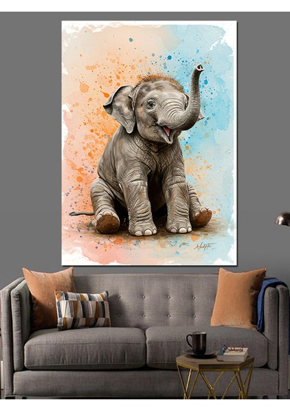 Sevimli Küçük Fil Heykeli Dekoratif Kanvas - Mdf Ahşap Tablo