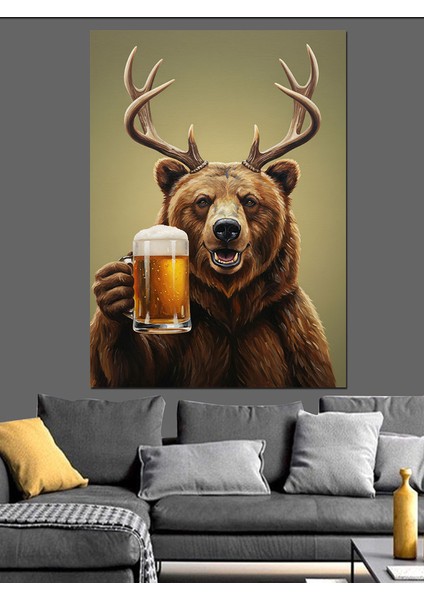 Bira Içen Sakallı Ayı Dekoratif Kanvas - Mdf Ahşap Tablo