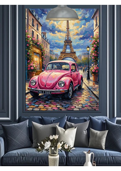 Pembe Vosvos Araba Paris Eyfel Kulesi Dekoratif Kanvas - Mdf Ahşap Tablo