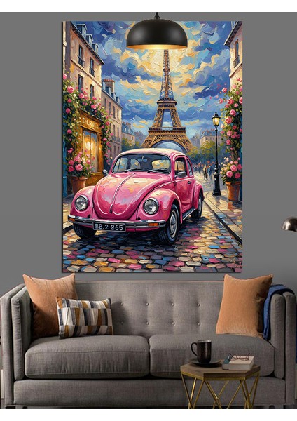 Pembe Vosvos Araba Paris Eyfel Kulesi Dekoratif Kanvas - Mdf Ahşap Tablo fiyatları