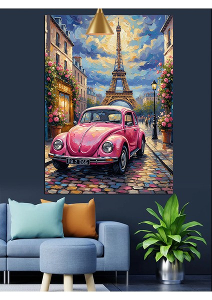 Pembe Vosvos Araba Paris Eyfel Kulesi Dekoratif Kanvas - Mdf Ahşap Tablo modelleri