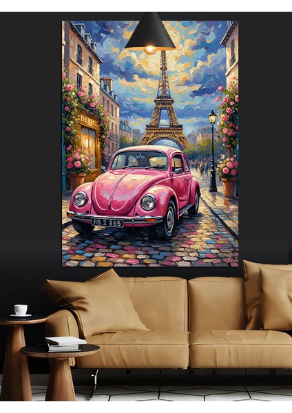 Pembe Vosvos Araba Paris Eyfel Kulesi Dekoratif Kanvas - Mdf Ahşap Tablo fırsatları
