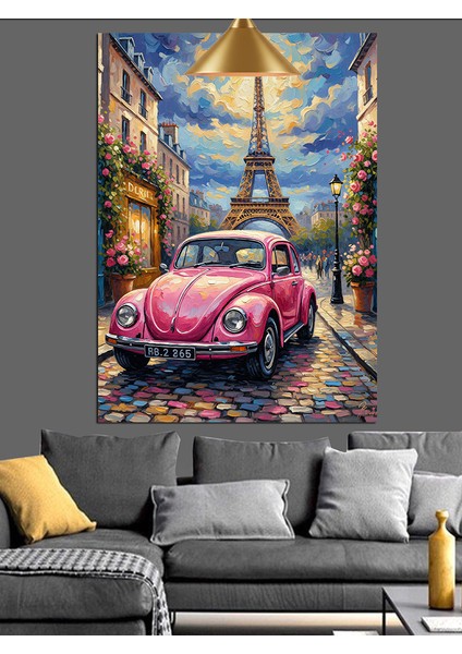Pembe Vosvos Araba Paris Eyfel Kulesi Dekoratif Kanvas - Mdf Ahşap Tablo indirimleri