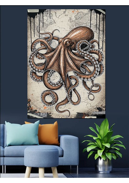 Deniz Ahtapot Illüstrasyonu Dekoratif Kanvas - Mdf Ahşap Tablo