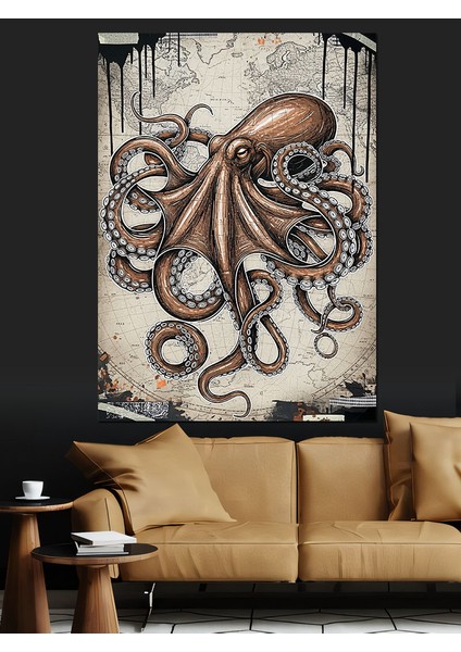 Deniz Ahtapot Illüstrasyonu Dekoratif Kanvas - Mdf Ahşap Tablo fiyatları