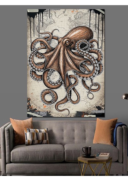 Deniz Ahtapot Illüstrasyonu Dekoratif Kanvas - Mdf Ahşap Tablo modelleri