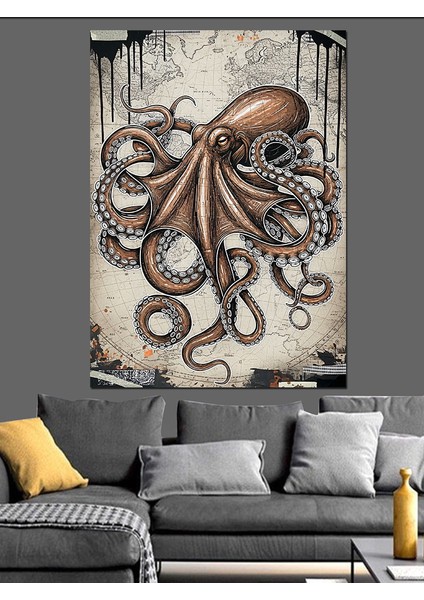 Deniz Ahtapot Illüstrasyonu Dekoratif Kanvas - Mdf Ahşap Tablo fırsatları