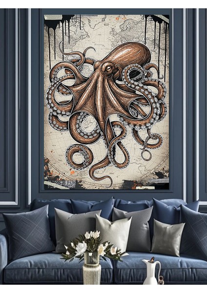 Deniz Ahtapot Illüstrasyonu Dekoratif Kanvas - Mdf Ahşap Tablo indirimleri
