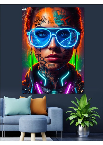 Neon Gözlüklü Cool Kadın Dekoratif Kanvas - Mdf Ahşap Tablo