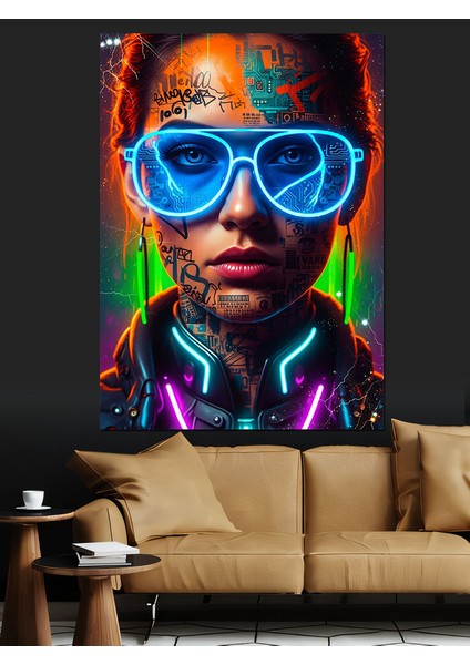 Neon Gözlüklü Cool Kadın Dekoratif Kanvas - Mdf Ahşap Tablo fiyatları