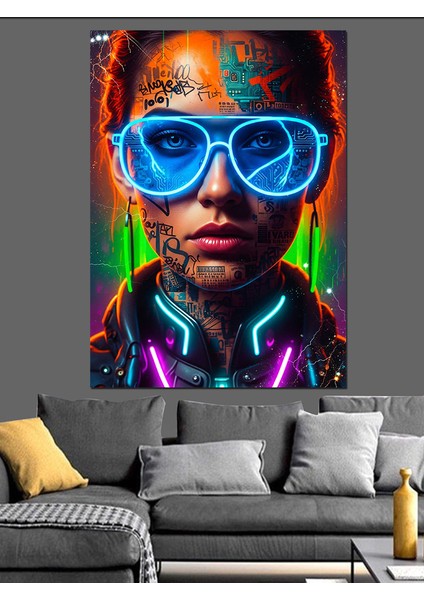 Neon Gözlüklü Cool Kadın Dekoratif Kanvas - Mdf Ahşap Tablo fırsatları