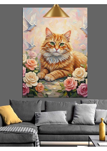 Güller Içinde Mutlu Kedi Naturel Dekoratif Kanvas - Mdf Ahşap Tablo