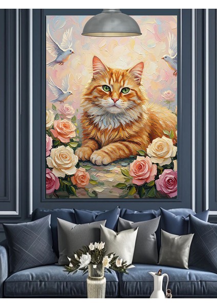 Güller Içinde Mutlu Kedi Naturel Dekoratif Kanvas - Mdf Ahşap Tablo fiyatları