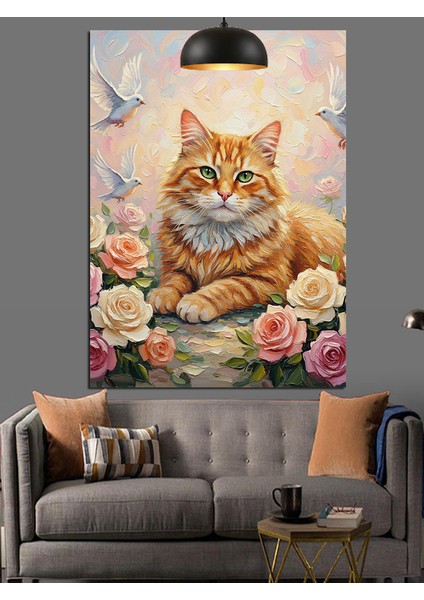 Güller Içinde Mutlu Kedi Naturel Dekoratif Kanvas - Mdf Ahşap Tablo modelleri