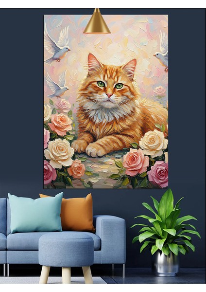 Güller Içinde Mutlu Kedi Naturel Dekoratif Kanvas - Mdf Ahşap Tablo fırsatları