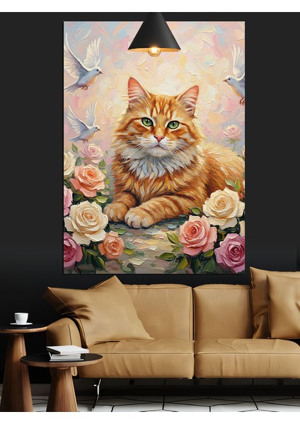 Güller Içinde Mutlu Kedi Naturel Dekoratif Kanvas - Mdf Ahşap Tablo indirimleri