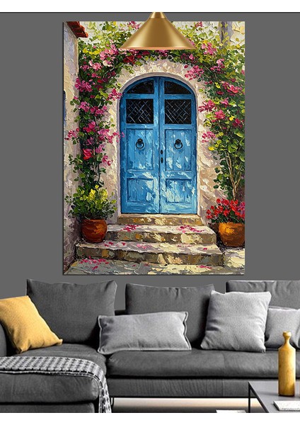 Mavi Kapı Taş Ev Dekoratif Kanvas - Mdf Ahşap Tablo fiyatları