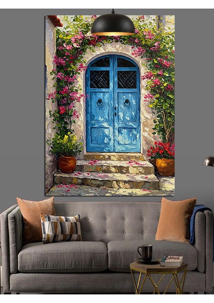 Mavi Kapı Taş Ev Dekoratif Kanvas - Mdf Ahşap Tablo fırsatları