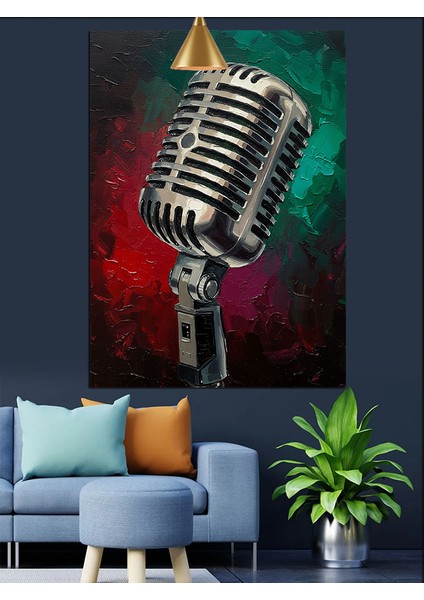 Eski Mikrofon Kayıt Cihazı Kırmızı Yeşil Fon Dekoratif Kanvas - Mdf Ahşap Tablo