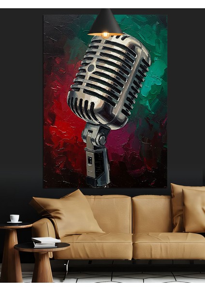 Eski Mikrofon Kayıt Cihazı Kırmızı Yeşil Fon Dekoratif Kanvas - Mdf Ahşap Tablo fiyatları