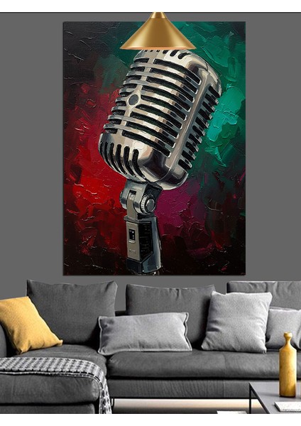 Eski Mikrofon Kayıt Cihazı Kırmızı Yeşil Fon Dekoratif Kanvas - Mdf Ahşap Tablo modelleri