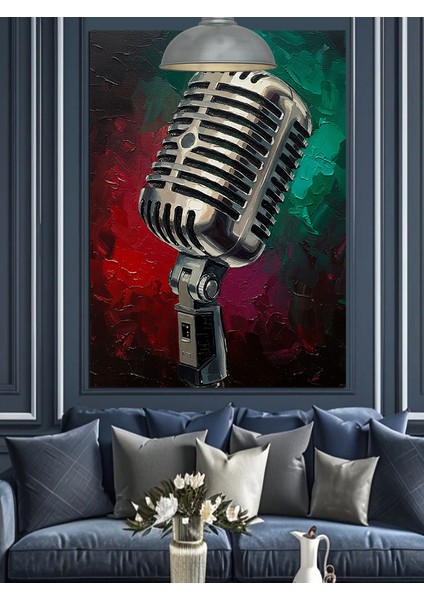Eski Mikrofon Kayıt Cihazı Kırmızı Yeşil Fon Dekoratif Kanvas - Mdf Ahşap Tablo fırsatları