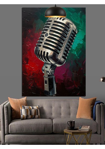 Eski Mikrofon Kayıt Cihazı Kırmızı Yeşil Fon Dekoratif Kanvas - Mdf Ahşap Tablo indirimleri