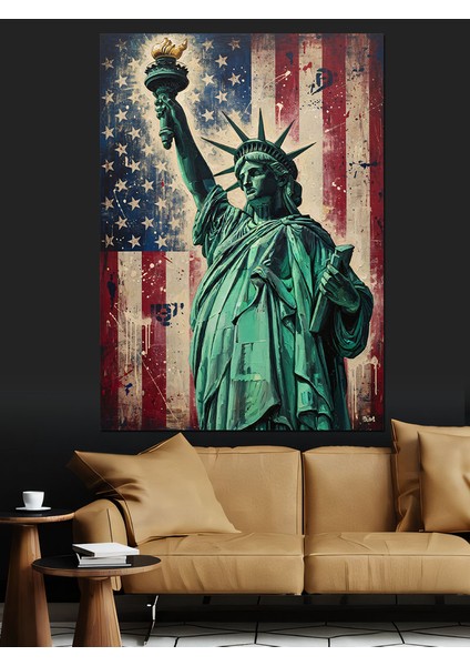 Özgürlük Heykeli Amerikan Bayrağı Dekoratif Kanvas - Mdf Ahşap Tablo indirimleri