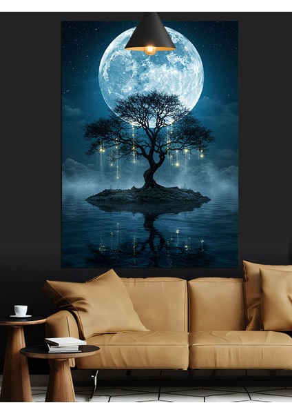 Mavi Gece Dolunaylı Ağaç Silüeti Manzarası Dekoratif Kanvas - Mdf Ahşap Tablo