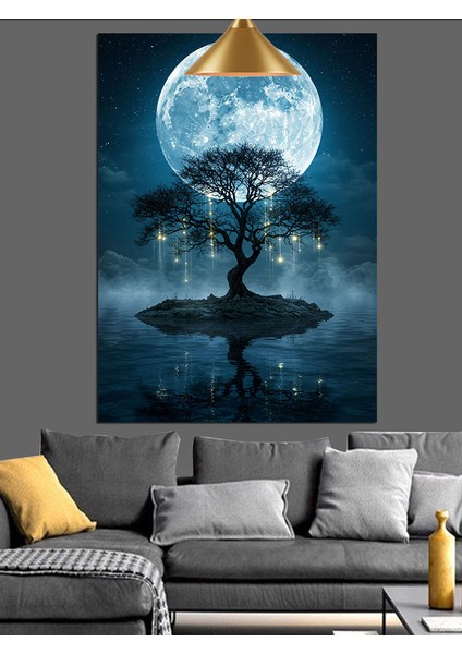 Mavi Gece Dolunaylı Ağaç Silüeti Manzarası Dekoratif Kanvas - Mdf Ahşap Tablo fiyatları