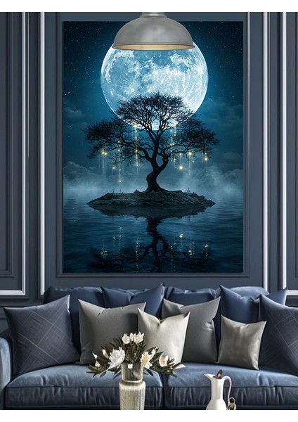 Mavi Gece Dolunaylı Ağaç Silüeti Manzarası Dekoratif Kanvas - Mdf Ahşap Tablo modelleri