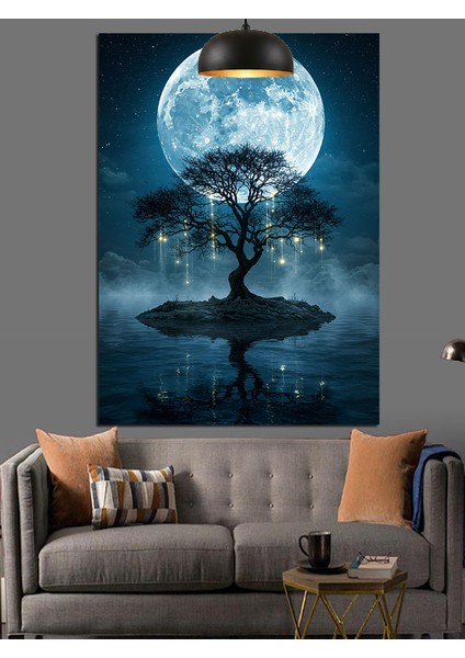Mavi Gece Dolunaylı Ağaç Silüeti Manzarası Dekoratif Kanvas - Mdf Ahşap Tablo fırsatları