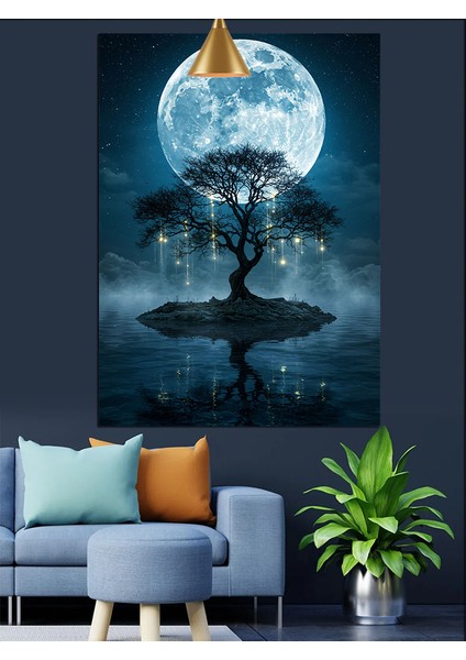 Mavi Gece Dolunaylı Ağaç Silüeti Manzarası Dekoratif Kanvas - Mdf Ahşap Tablo indirimleri