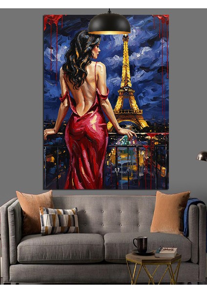 kadın kırmızı elbise paris ve eyfel dekoratif kanvas - mdf ahşap tablo