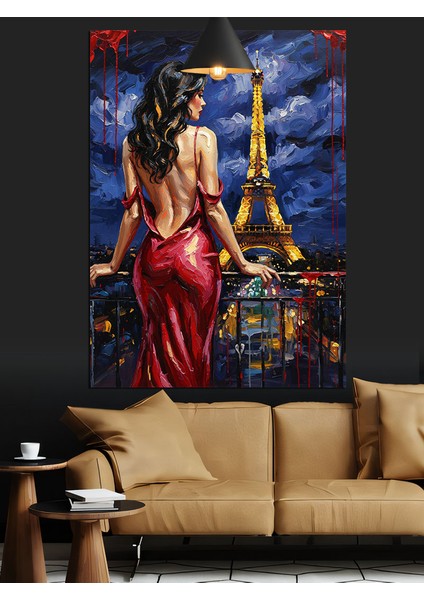 kadın kırmızı elbise paris ve eyfel dekoratif kanvas - mdf ahşap tablo modelleri