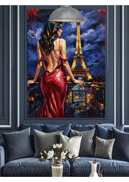 kadın kırmızı elbise paris ve eyfel dekoratif kanvas - mdf ahşap tablo indirimleri