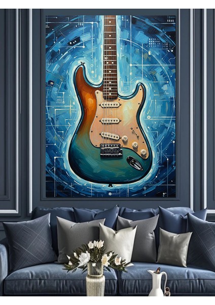 Elektro Gitar Mavi Boya Efekti Dekoratif Kanvas - Mdf Ahşap Tablo